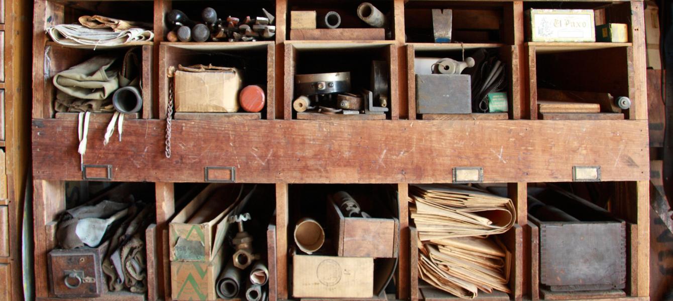 shelf with factory equipment organized